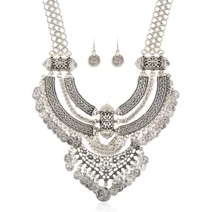 Vintage Silber Münze Lätzchen Halskette Set mit Mond Quaste klobige Kette Schmuck für Damen.