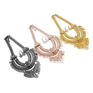 Retro mehrlagige Münzen Quaste Halskette und Ohrring Set, ethnischer Schmuck.