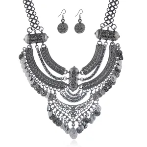 Vintage Münzen Quaste kurze Schlüsselbein Halskette und Ohrringe Set für Damen und Frauen Retro.