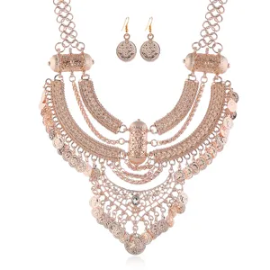 Vintage Roségold Münze Lätzchen Halskette Ohrringe Set ethnische Quaste klobige Kette Schmuck