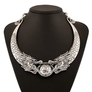 Collar Gargantilla de Declaración de Aleación Vintage de Doble Dragón Rétro Étnico Tai Chi Torque Joyería Para Mujeres Hombres