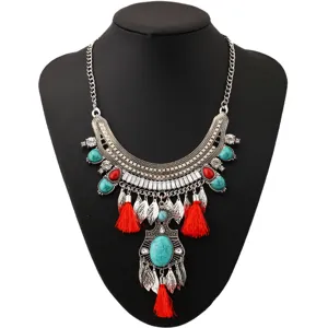 Vintage Bohemian Legierung Strass Blatt Anhänger Halskette Bunte Quaste Edelstein Choker Panzerkette Statement Geschichtete Schmuck Kette Für Herren Damen Party Geschenk