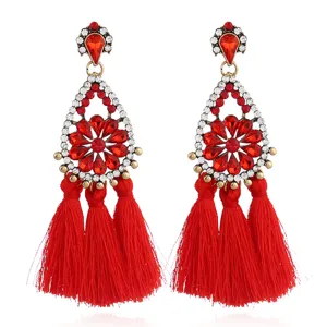 Rote Kristall Strass Tropfen Blume lange Quaste Ohrringe boho Statement Schmuck Damen
