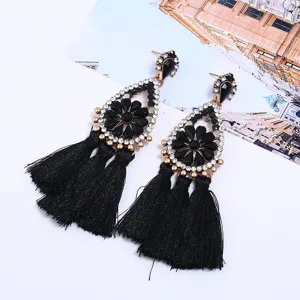 Übertriebene schwarze Kristall Blume Strass lange Quaste Ohrringe Damen Statement Schmuck