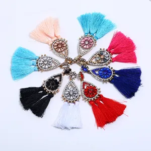 Bohemian lange Quasten Ohrringe mit Strass und Edelstein Blume, atemberaubendes Tropfen Design
