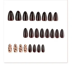 Leopard print press on nails set, brown almond fake nails, trendy false nail tips.