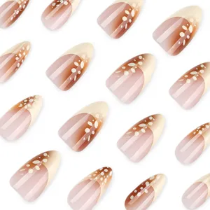 Almond press on nails French gradient brown design false nail tips set for women 24pcs