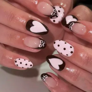 Sweet Cool Black Pink Heart Polka Dot Press On Nails Almond Shape French Bow Design Fake Nails For Women Daily Nail Art