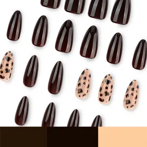 Maillard style press-on nails set, dark brown and trendy leopard print false nails.