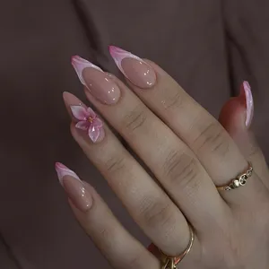 Unghie Finte Press On Fiori 3D Sfumato Francese Rosa Bianco Mandorla Unghie Finte Resina Acrilico per Donna Manicure