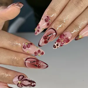 3D floral almond press-on fake nails with cherry and bow art, glossy false nail tips for women.
