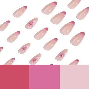 Unghie finte a mandorla sfumate francesi con fiore 3D set di manicure elegante.