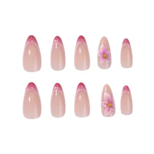 Unghie Finte Mandorla Fiori 3D Press On Nails Gradiente Rosa Manicure Set Completo