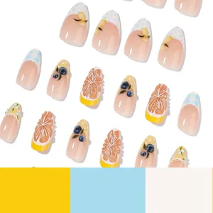 Cute 3D fruit press on nails short almond fake nails set with lemon and blueberry design.