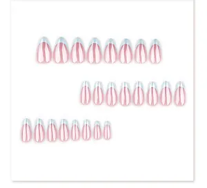 Short almond press-on nails detail view, French style white coated flashing edge pieces set.