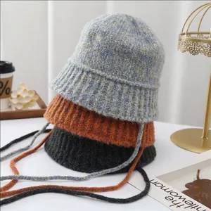 Cappello a secchiello in maglia con lunghi lacci autunno inverno caldo cappello lana moda