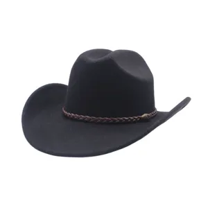 Classic black wool fedora hat with brown braided belt, stylish unisex retro jazz hat.