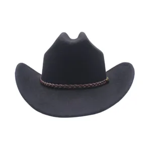 Close-up of black felt cowboy hat, showing texture and brown braided band details.
