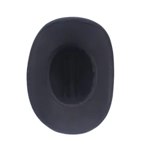 Classic black wool felt fedora hat top view, elegant British style jazz hat detail shot.