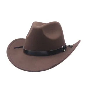 Cappello da Cowboy Unisex Stile Occidentale Tesa Larga Curva Poliestere Cappello Fedora Jazz Con Fibbia in Metallo Autunno Inverno Cappello Casual All'aperto