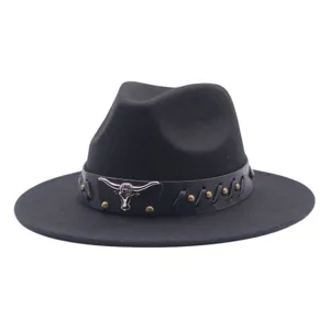 Sombrero fedora negro de fieltro con banda de cuero de toro, elegante sombrero de jazz unisex.