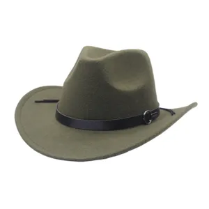 Cappello da cowboy in feltro di lana verde con cintura in pelle e fibbia in metallo fedora.
