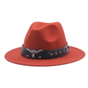 Sombrero fedora de vaquero occidental de lana con banda de cuero de toro metal ala plana