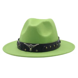 Sombrero Vaquero Fedora Lana Verde Ala Ancha Sombrero Jazz con Cinturón Metal Cabeza Toro