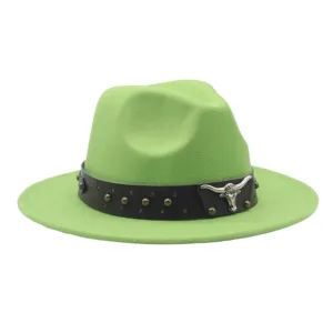 Chapeau fedora en feutre de laine vert pour homme et femme avec bandeau métal tête de taureau jazz