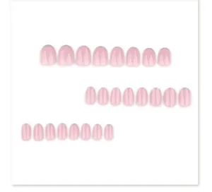 Short round French press-on nails detail with silver glitter and pink base. Perfect fit.