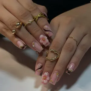 Chic 3D floral press on nails, short pink fake nails with elegant gold lines for women.