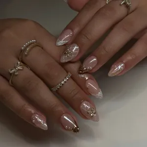 French press on nails short 3D bowknot pearl design fake nail tips elegant manicure set