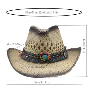Detailansicht mit westlichen Cowboy-Strohhut Abmessungen und Krempenbreite Angaben.