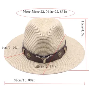 Vue détaillée d'un chapeau de paille cowboy avec dimensions 56-58cm et boucle tête de taureau.