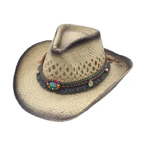Westlicher Cowboy Strohhut für Damen und Herren, sommerlicher Sonnenschutz geflochtener Hut.