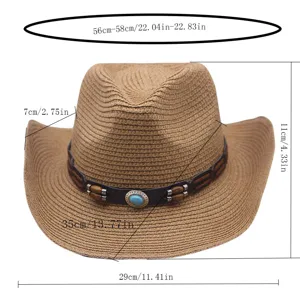 Classic western cowboy straw hat for men and women, stylish sun protection outdoor vacation hat.