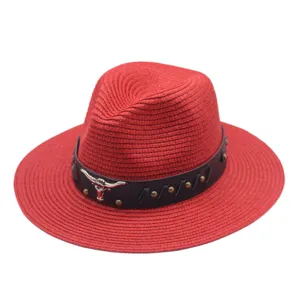 Chapeau fedora en paille rouge, chapeau de soleil cowgirl western avec bande en cuir.