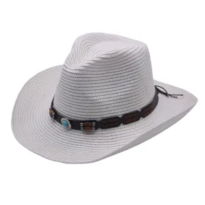 Detail shot of the woven straw cowboy hat showing turquoise bead and leather band texture.