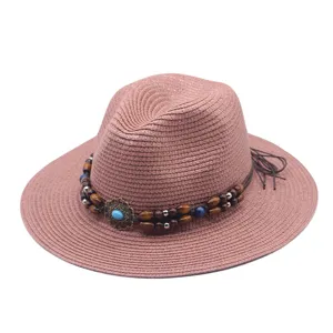 Damen Strohhut Fedora Sommer Strand Sonnenhut Bohemien Perlenband gewebt Reisesonnenhut
