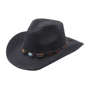 Close-up of the black western cowboy straw hat showing texture, leather band and turquoise bead.