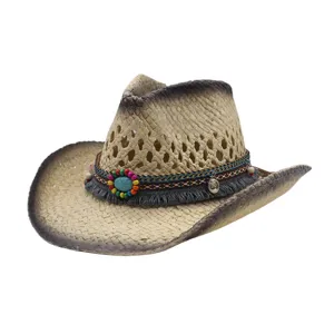 Western Cowboy Strohhut mit Ethno-Band und Türkis-Detail, Detailansicht des Sommer-Sonnenhuts.