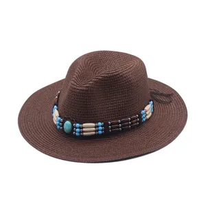 Cappello da cowboy occidentale in paglia con perline, tesa larga protezione solare esterna.