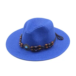 Blauer Strohhut für Damen, Sommer Strand Sonnenschutz Jazz Fedora mit Perlenband.