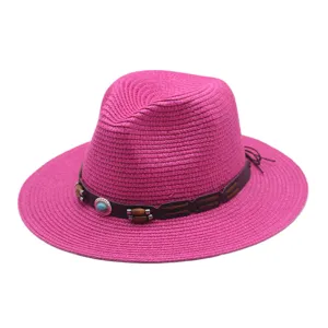 Chapeau fedora en paille rose avec bande en cuir et perles, large bord été plage.