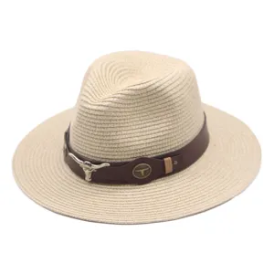 Chapeau de Paille Vintage Occidental Grand Bord Chapeau de Soleil Jazz Avec Ceinture en Cuir PU Accent Métallique pour Couple Extérieur Plage Voyage Quotidien Unisexe