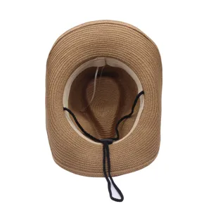 Western straw cowboy hat with adjustable chin strap for outdoor sun protection summer beach.