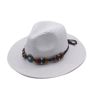 Damen Sommer geflochtener Fedora Sonnenhut mit Perlen Türkis Band für Strand Urlaub Reise.