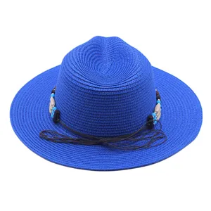 Cappello di paglia blu con cordino di perline e tesa larga per protezione solare e viaggio