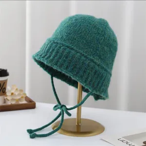 Cappello a secchiello in maglia verde autunno inverno con lacci donna caldo cappello lana