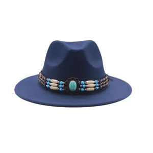 Μπλε τσόχινο καπέλο φεντόρα με boho ζώνη από χάντρες, κομψό καπέλο τζαζ γουέστερν.